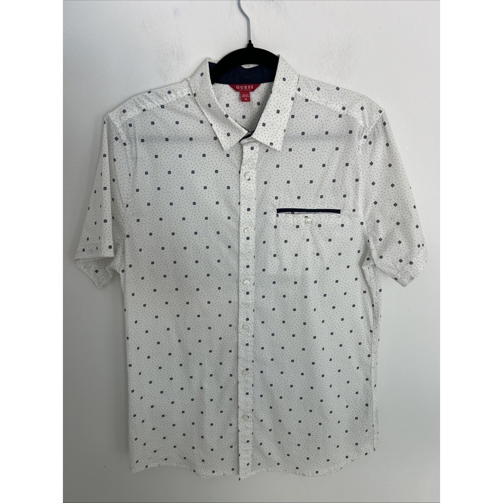 Guess Men's M Short Sleeve Button-Down Collared One Pocket White Navy Dress Shir